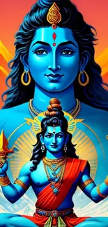 Vibrant painting of Lord Shiva with blue tones and vivid background.