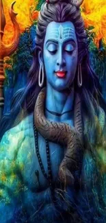 Vibrant artwork of Lord Shiva with deep blues and fiery orange hues.