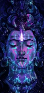 Vibrant abstract of Lord Shiva with glowing blue and purple hues.