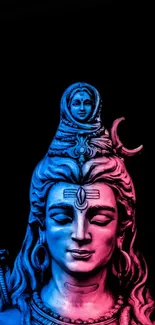 Vibrant Shiva artwork with blue and pink hues on a black background.