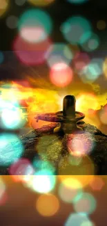 Shiva Linga at sunset with bokeh effects, reflecting vibrant energy.