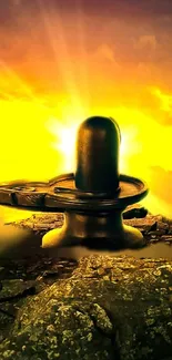 Vibrant Shiva Linga with radiant yellow hues at sunset background.