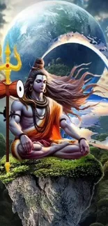 Lord Shiva in meditation under a cosmic sky, vibrant and serene mobile wallpaper.