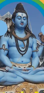 Blue Shiva statue meditating with rainbow backdrop.