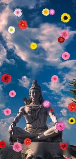 Lord Shiva meditating with flowers on a tranquil sky backdrop.