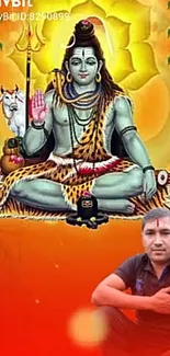 Lord Shiva wallpaper with orange background and meditative pose.