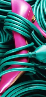 Pink shoe entwined with teal cables wallpaper.