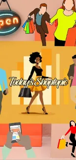 Cartoon-style wallpaper featuring animated shopping theme with vibrant colors.