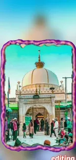 Colorful shrine with vivid cyan sky.