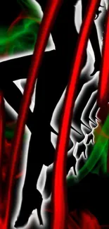 Colorful abstract silhouette with red and green swirls on a black background.