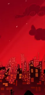 Red city silhouette wallpaper with urban skyline.