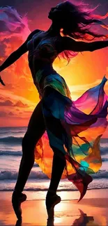 Silhouette of a dancer with vibrant sunset background.