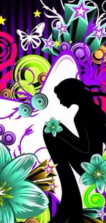 Silhouette with floral and star designs on a colorful background.