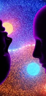 Abstract silhouettes on vibrant galaxy background with bright orbs.