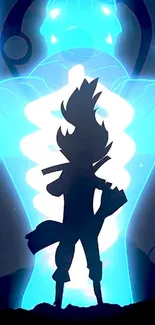 Silhouette of a hero with vibrant blue light background.