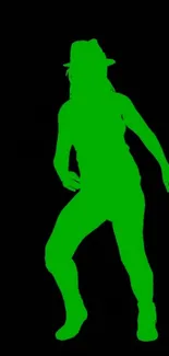 Neon green dancer silhouette on black background.