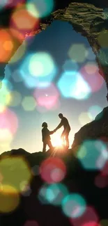 Two people silhouetted against colorful bokeh in a cave entrance.