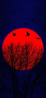 A striking red sun setting behind silhouetted trees with birds flying in the dark sky.