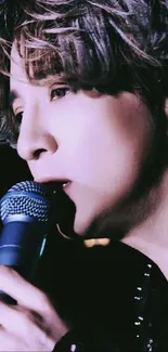 Singer performing on stage with a microphone, close-up view.