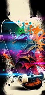 Vibrant skateboard graffiti wallpaper with colorful splashes on a black background.