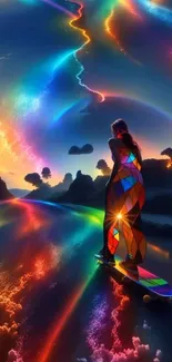 Skateboarder on a vibrant rainbow path in a surreal fantasy landscape.