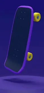 Colorful skateboard with purple edges and yellow wheels on a blue background.