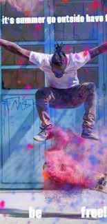 Skateboarder jumping with colorful powder in vibrant urban setting.