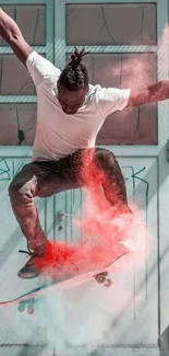 Skateboarder performing a trick with red powder.