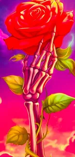 Skeletal hand holding red rose in vibrant sky.