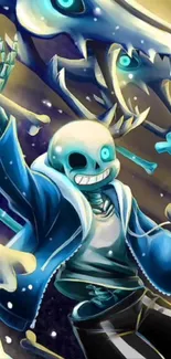 Vibrant skeleton character in fantasy art mobile wallpaper.