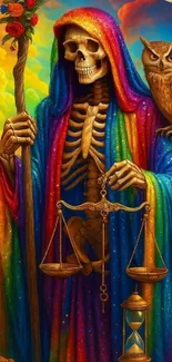 Vibrant skeleton and owl with rainbow robes.