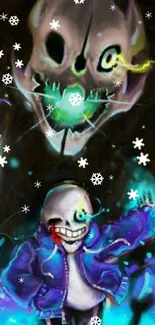 Vibrant skeleton art with blue and green glowing effects.