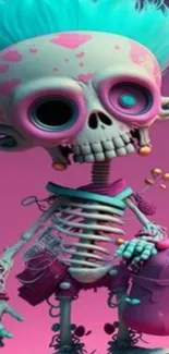 Vibrant skeleton art with neon colors and playful design.