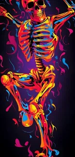 Neon colorful skeleton art on black background wallpaper.