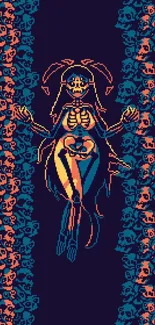 Vibrant skeleton pixel art wallpaper with colorful design.