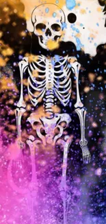 Vibrant skeleton art wallpaper with purple hues and colorful splashes.