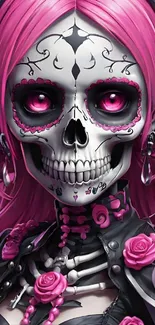 Vibrant stylized skull art with pink hues.