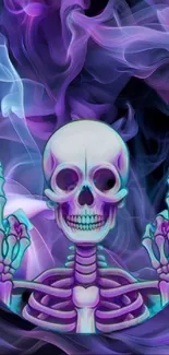 Vibrant skeleton with neon colors against a smoky background.