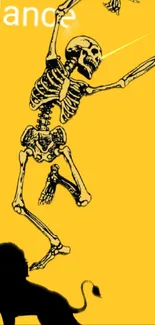 Skeleton art on yellow background with silhouette.