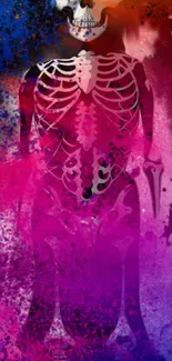 Vibrant pink skeleton art with colorful background.