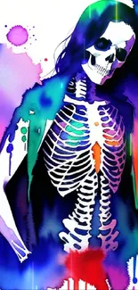 Vibrant skeletal figure art with colorful splashes in a dynamic style.