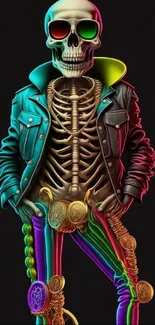 Vibrant skeleton in neon colors with a stylish jacket, mobile wallpaper.