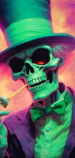 Vibrant neon skeleton with top hat smoking a pipe in colorful design.