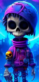 Vibrant skeleton character amid neon fantasy backdrop.