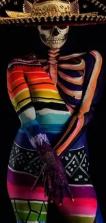 Vibrant skeleton art with colorful body paint and skull detail on black background.