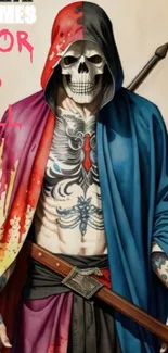 Colorful cloaked skeleton with tattoos and vivid designs in vibrant hues.