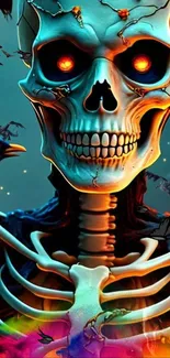 Colorful skeleton with glowing eyes in a spooky setting.