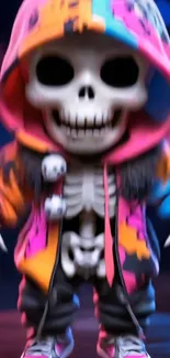 A whimsical skeleton wearing a colorful hoodie.