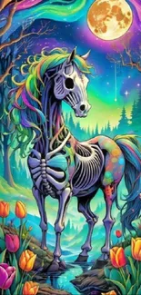 Vibrant skeleton horse in a mystical, colorful landscape under a moonlit sky.