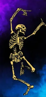 Golden skeleton dancing on neon purple and blue background.